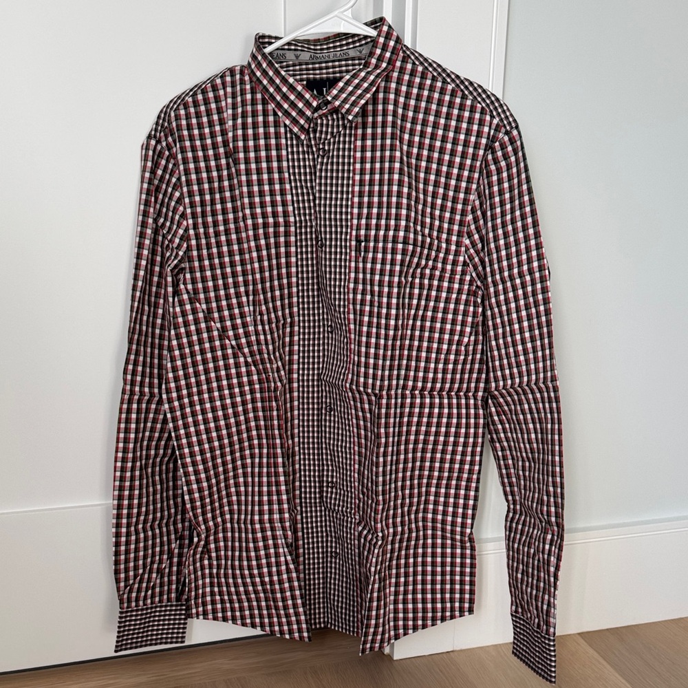 Armani Jeans Red, Green and Black Checkered Button Down Shirt, Christmas Colors
